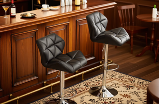 Sunvega Blue PU Leather Diamond-Tufted Swiveling Adjustable Height Bar Stools Set of 2