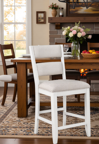 Sunvega Transitional White Finish Upholstered Counter-Height Dining Bench with Linen Look Fabric