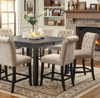 Sunvega Set of 2 Beige Chenille Upholstered Counter Height Chairs with Rustic Oak Legs