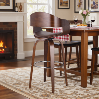 Sunvega Mid-Century Modern Swivel Barstool with Faux Leather Upholstery and Walnut Frame