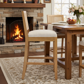 Sunvega Full Solid Wood Rattan-Back Bar Stool with Matte Linen Cushion for Kitchen Island
