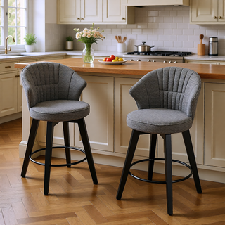 Sunvega 360 Swivel Bar Stools Set of 2 with Solid Wood Legs and Chenille Upholstery
