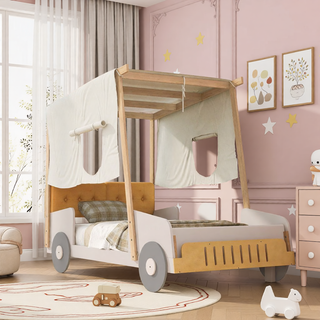 Sunvega Full Size Car Bed with LED Lights, Pillow, and Sturdy Wood Frame for Kids