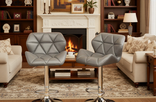 Sunvega Blue PU Leather Diamond-Tufted Swiveling Adjustable Height Bar Stools Set of 2