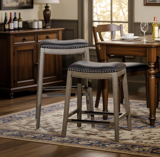 Sunvega Natural Finish Saddle Leather Seat Counter Stool with Footrest and Nail Head Trim