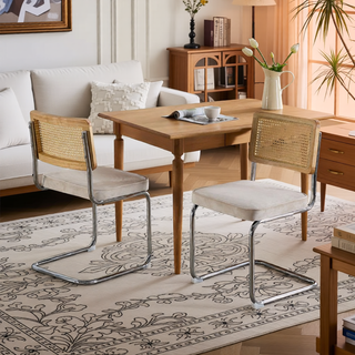 Sunvega Mid Century Modern Dining Chairs Set of 2 with Velvet Upholstery and Natural Rattan Back