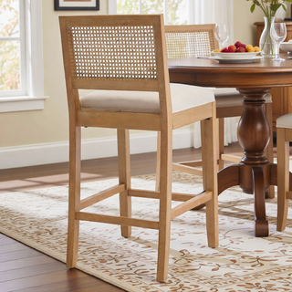 Sunvega Full Solid Wood Rattan-Back Bar Stool with Matte Linen Cushion for Kitchen Island