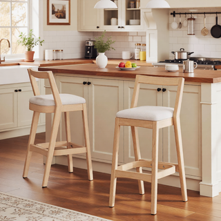 Sunvega Dark Brown Rubberwood Barstool with Beige Upholstery and Thick Cushioned Seat Set of 2