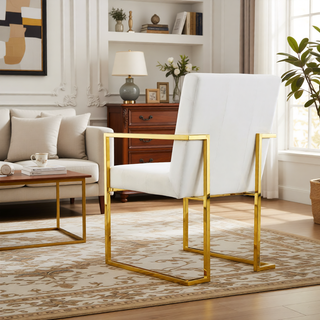 Sunvega Modern Linen Dining Arm Chair with Tufted Design and Gold Metal Base