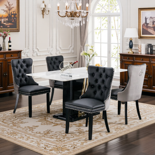 Sunvega Modern Tufted PU and Velvet Upholstered Dining Chair with Wood Legs and Nailhead Trim
