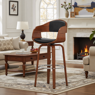 Sunvega Mid-Century Modern Swivel Barstool with Faux Leather Upholstery and Walnut Frame