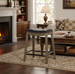 Sunvega Natural Finish Saddle Leather Seat Counter Stool with Footrest and Nail Head Trim