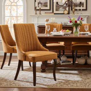 Sunvega Blue Rayon Cloth Flocking Linen Dining Chairs with High Backrest and Solid Wood Legs, Set of 2