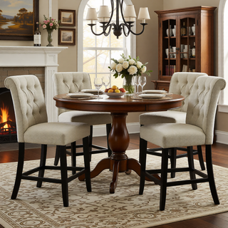 Sunvega Set of 2 Beige Chenille Upholstered Counter Height Chairs with Rustic Oak Legs