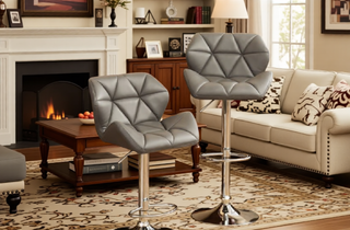 Sunvega Blue PU Leather Diamond-Tufted Swiveling Adjustable Height Bar Stools Set of 2