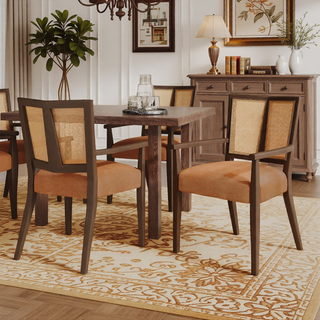Sunvega Mid-Century Modern Cane Back Arm Dining Chairs with Upholstered Seat Set of 2