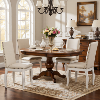 Sunvega Set of 4 Natural Wood Wash Upholstered Fabric Dining Chairs with Nailhead Trim