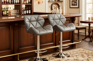 Sunvega Blue PU Leather Diamond-Tufted Swiveling Adjustable Height Bar Stools Set of 2