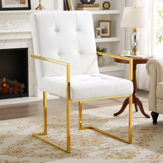 Sunvega Modern Linen Dining Arm Chair with Tufted Design and Gold Metal Base