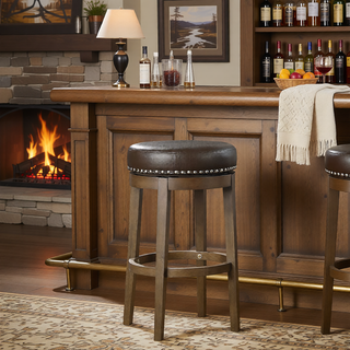 Sunvega Gray Faux Leather Swivel Stools with Nailhead Trim and Solid Wood Frame