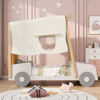 Sunvega Full Size Car Bed with LED Lights, Pillow, and Sturdy Wood Frame for Kids