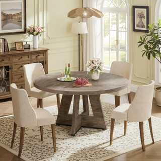 Sunvega 47 Inch Round Wood Dining Table with Walnut Finish for 4-6 Seating