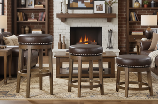 Sunvega Gray Faux Leather Swivel Stools with Nailhead Trim and Solid Wood Frame