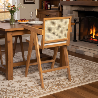 Sunvega Cream Grey Woven Cane Plastic Backrest Bar Stool with Foam-Padded Fabric Seat