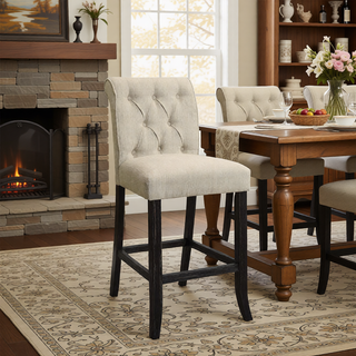 Sunvega Set of 2 Beige Chenille Upholstered Counter Height Chairs with Rustic Oak Legs