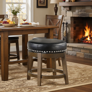Sunvega Gray Faux Leather Swivel Stools with Nailhead Trim and Solid Wood Frame