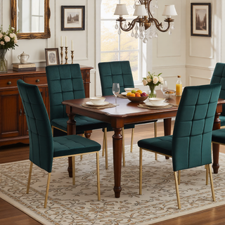 Sunvega Dark Blue Velvet High Back Nordic Dining Chair with Golden Legs Set Of 4