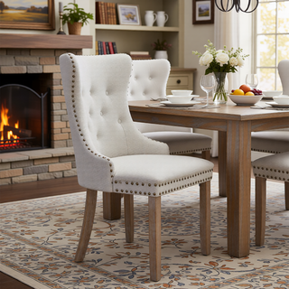 Sunvega Modern High-end Tufted Linen Upholstered Dining Chair with Wood Legs Nailhead Trim