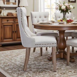 Sunvega Modern High-end Tufted Linen Upholstered Dining Chair with Wood Legs Nailhead Trim