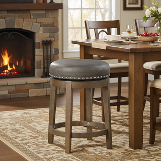 Sunvega Gray Faux Leather Swivel Stools with Nailhead Trim and Solid Wood Frame