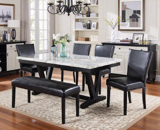 Sunvega Modern White Faux Marble Rectangular Dining Table with V Shape Trestle Base