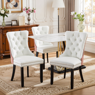 Sunvega Modern Tufted PU and Velvet Upholstered Dining Chair with Wood Legs and Nailhead Trim