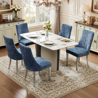 Sunvega Blue Rayon Cloth Flocking Linen Dining Chairs with High Backrest and Solid Wood Legs, Set of 2