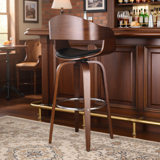Sunvega Mid-Century Modern Swivel Barstool with Faux Leather Upholstery and Walnut Frame