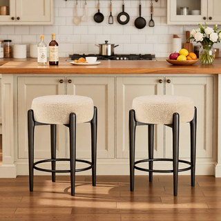 Sunvega Mid-Century Modern Kitchen Stools Set of 4 with White Boucle Upholstery and Metal Base