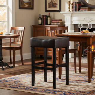 Sunvega 30-Inch Brown Faux Leather Backless Bar Stool with Sturdy Rubberwood Legs