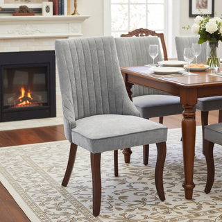 Sunvega Blue Rayon Cloth Flocking Linen Dining Chairs with High Backrest and Solid Wood Legs, Set of 2