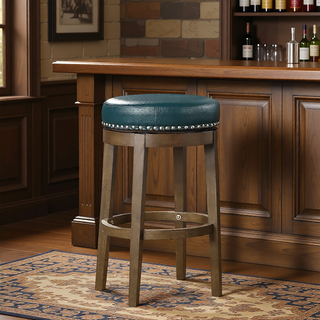 Sunvega Gray Faux Leather Swivel Stools with Nailhead Trim and Solid Wood Frame