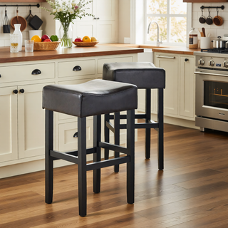 Sunvega 30-Inch Brown Faux Leather Backless Bar Stool with Sturdy Rubberwood Legs