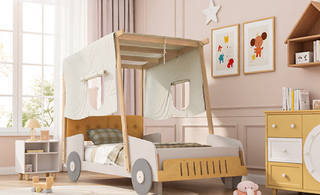 Sunvega Full Size Car Bed with LED Lights, Pillow, and Sturdy Wood Frame for Kids
