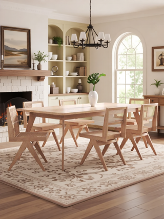 Sunvega Modern Cane Dining Chairs with Square Backrest in Black and Natural Set of 2