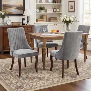 Sunvega Blue Rayon Cloth Flocking Linen Dining Chairs with High Backrest and Solid Wood Legs, Set of 2