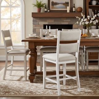 Sunvega Modern Farmhouse Counter Height Dining Bench with Antique White Finish and Upholstered Seat