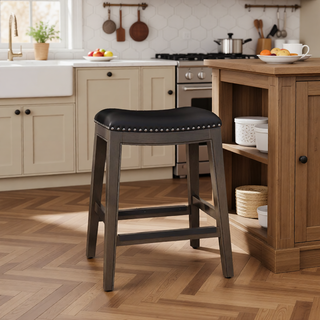 Sunvega Natural Finish Saddle Leather Seat Counter Stool with Footrest and Nail Head Trim