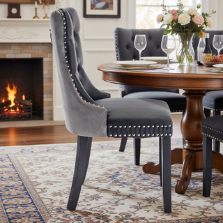 Sunvega Modern Tufted PU and Velvet Upholstered Dining Chair with Wood Legs and Nailhead Trim