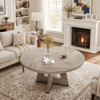 Sunvega 47 Inch Round Wood Dining Table with Walnut Finish for 4-6 Seating